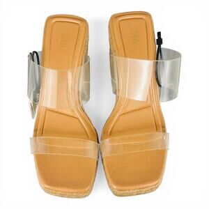 Zara Clear Vinyl Strap Espadrille Wedge Sandals Square Toe Cognac Size 8 NWT